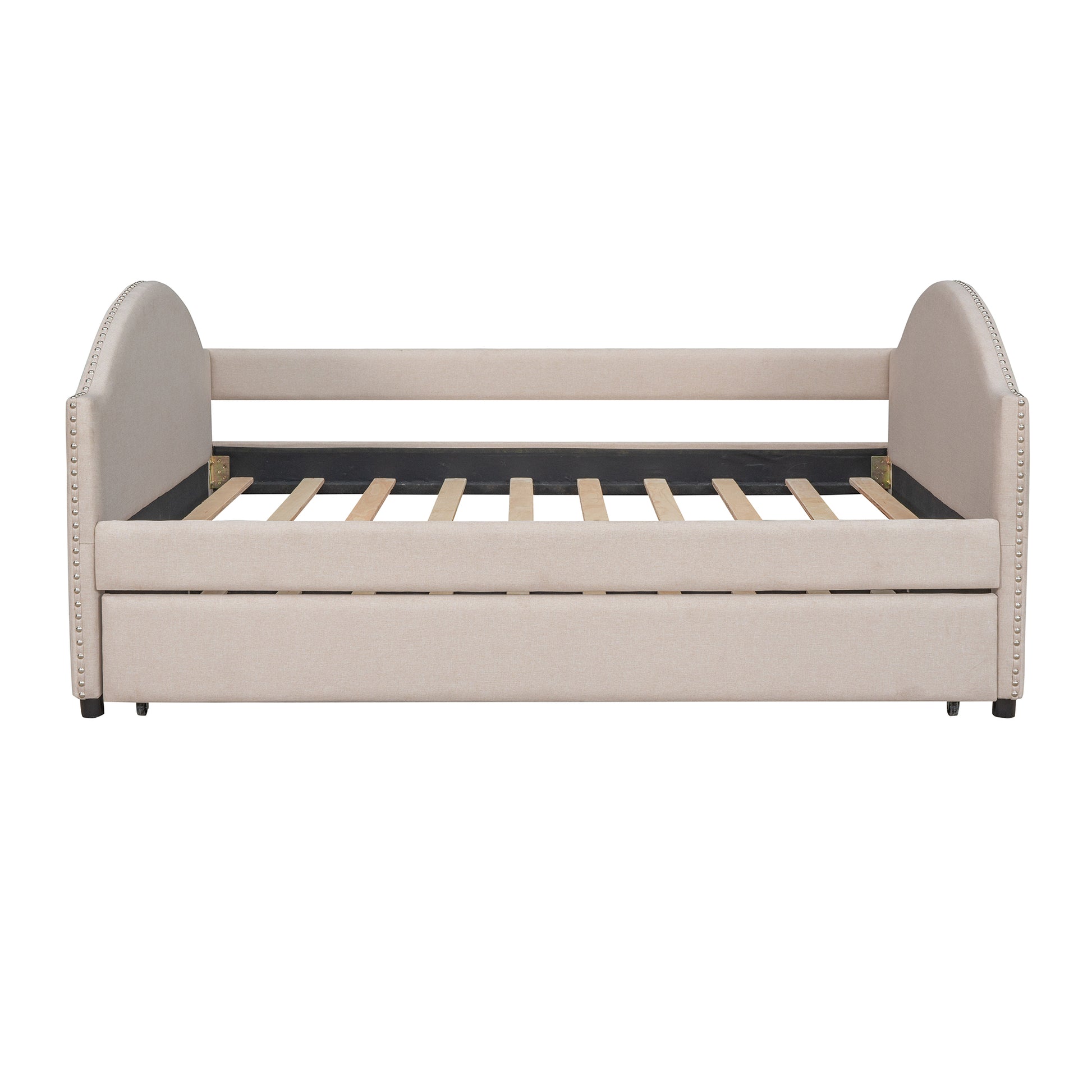 Full Size Upholstered Daybed With Twin Size Trundle, Wood Slat Support, Beige Old Sku :Lp000118Aaa Beige Upholstered