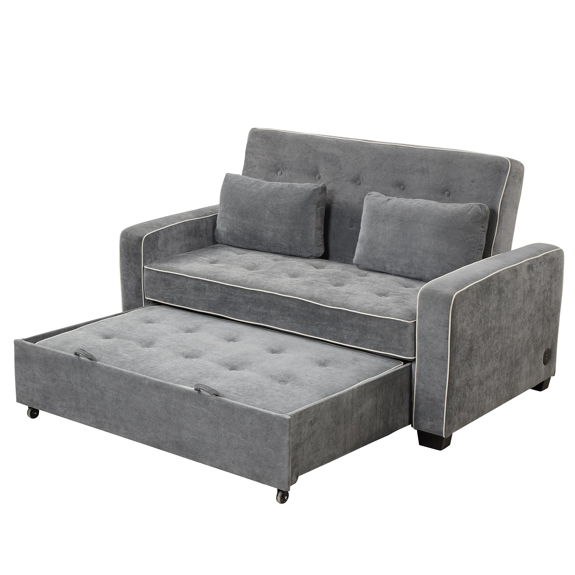 66.5" Linen Upholstered Sleeper Bed, Pull Out Sofa Bed Couch Attached Two Throw Pillows, Dual Usb Charging Port And Adjustable Backrest For Living Room Space, Charcoal Gray Charcoal Grey Foam Linen 2 Seat