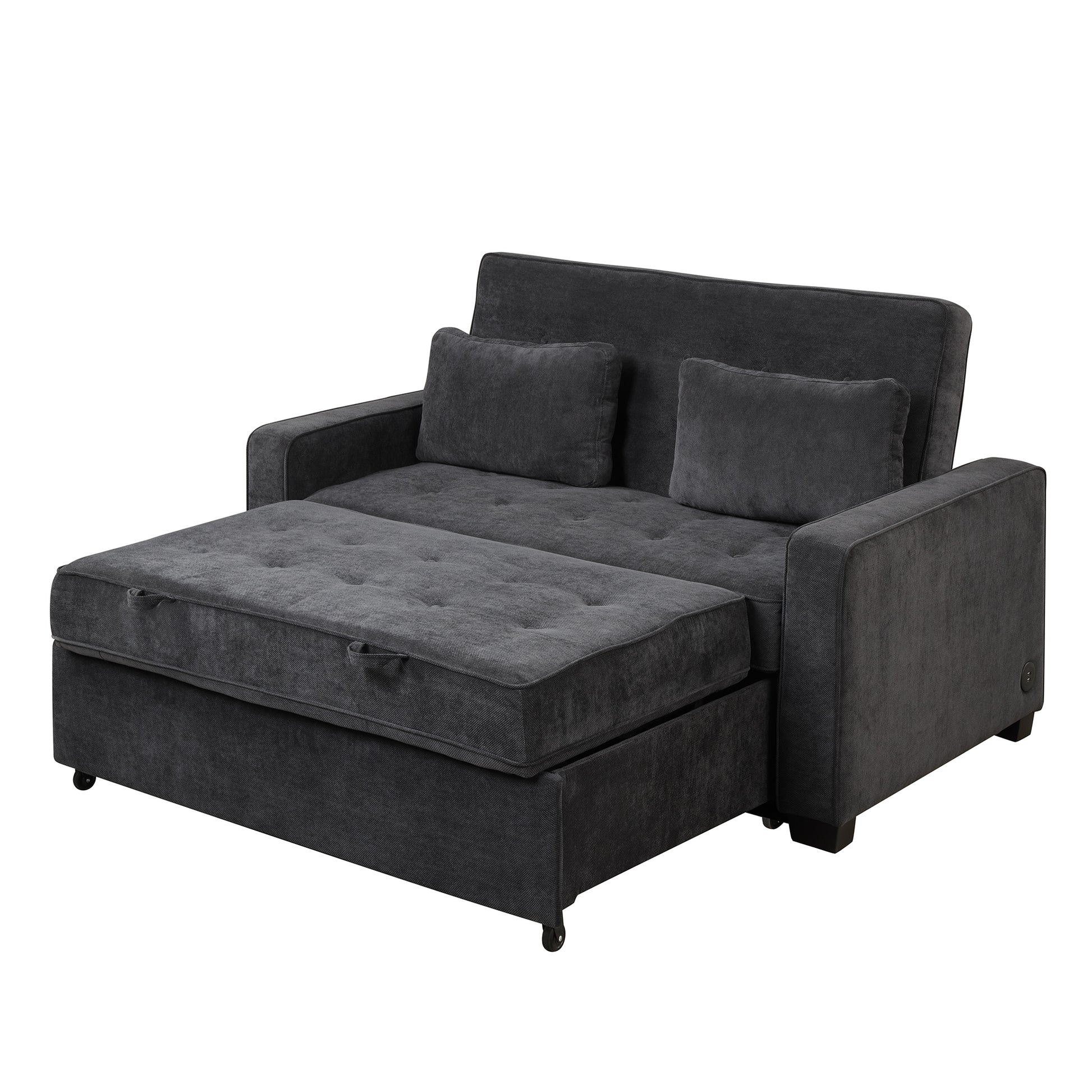 66.5" Upholstered Sleeper Bedpull Out Sofa Bed Couch Attached Two Throw Pillows,Dual Usb Charging Port And Adjustable Backrest For Living Room Space, Black Black Foam Polyester 2 Seat