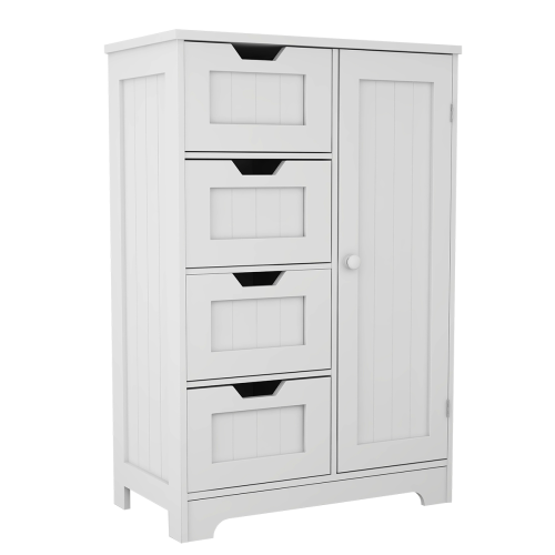 White Freestanding Floor Storage Cabinet With Adjustable Shelves, 4 Drawers And 1 Door White Mdf