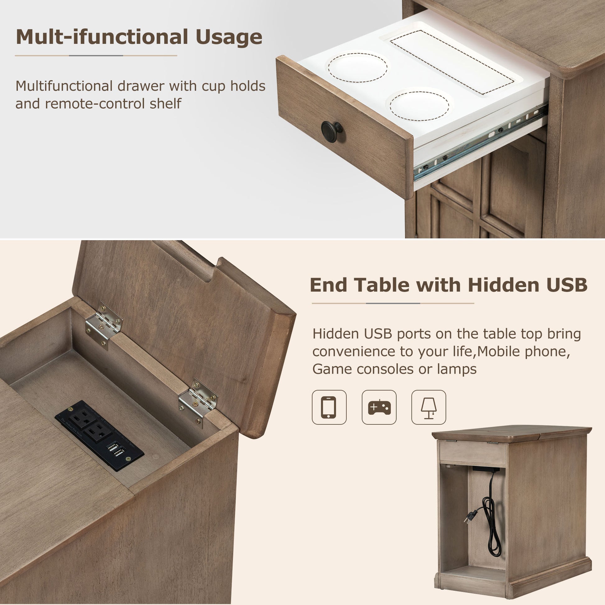 Classic Vintage Livingroom End Table Side Table With Usb Ports And One Multifunctional Drawer With Cup Holders, Antique Brown Antique Brown Solid Wood