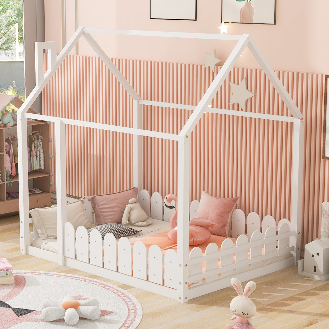 Slats Are Not Included Full Size Wood Bed House Bed Frame With Fence,For Kids,Teens,Girls,Boys White Old Sku:Wf281294Aak White Solid Wood