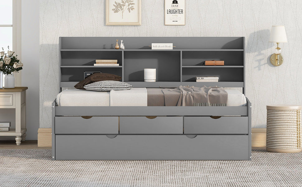 Twin Size Wooden Captain Bed With Built In Bookshelves,Three Storage Drawers And Trundle,Light Grey Grey Pine