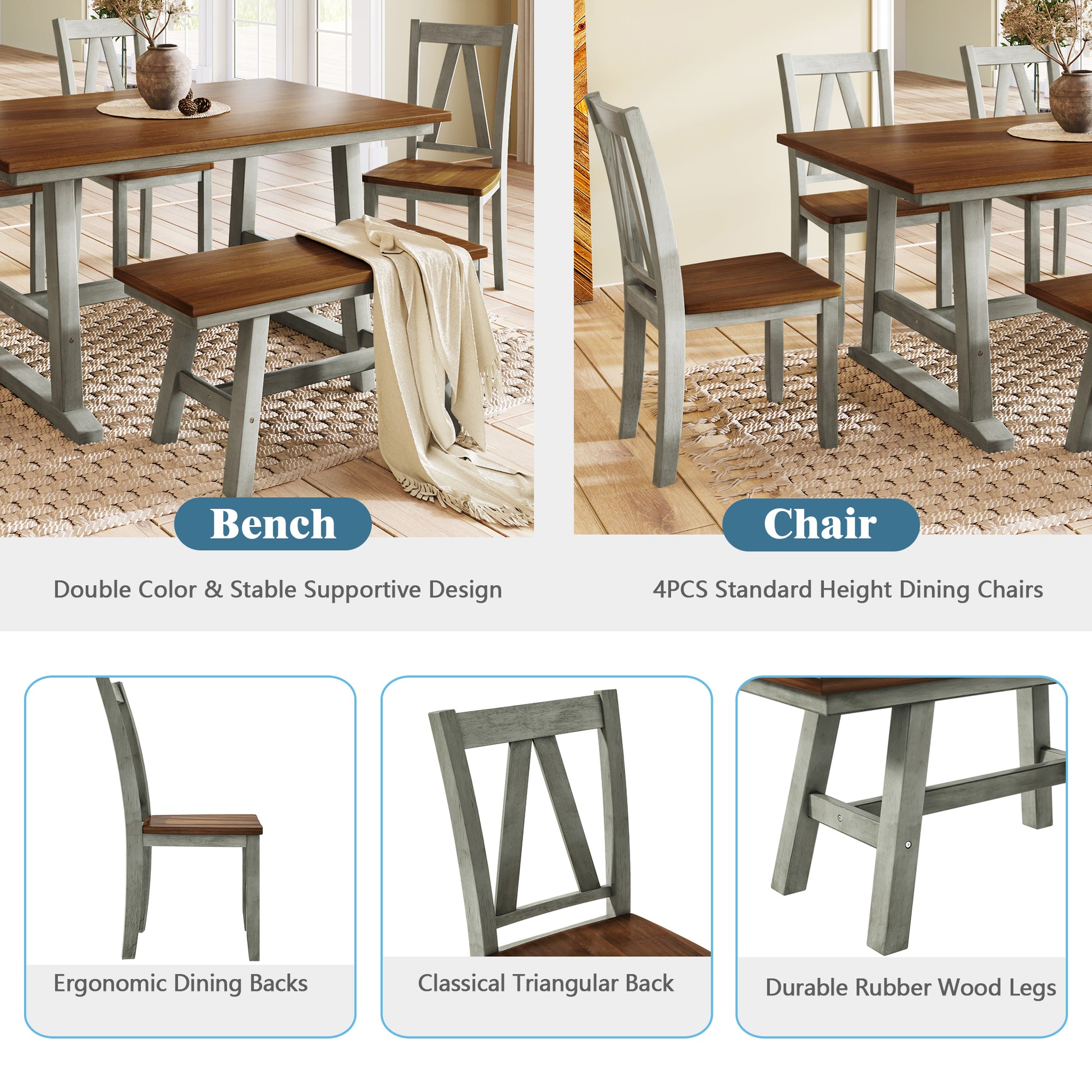 6 Piece Wood Dining Table Set Kitchen Table Set With Long Bench And 4 Dining Chairs, Farmhouse Style, Walnut Gray Gray Wood Dining Room Bench Seating Rubberwood Rectangular Dining Table With Chair And Bench Wood Wood Gray Solid Back Seats 6 60 Inches