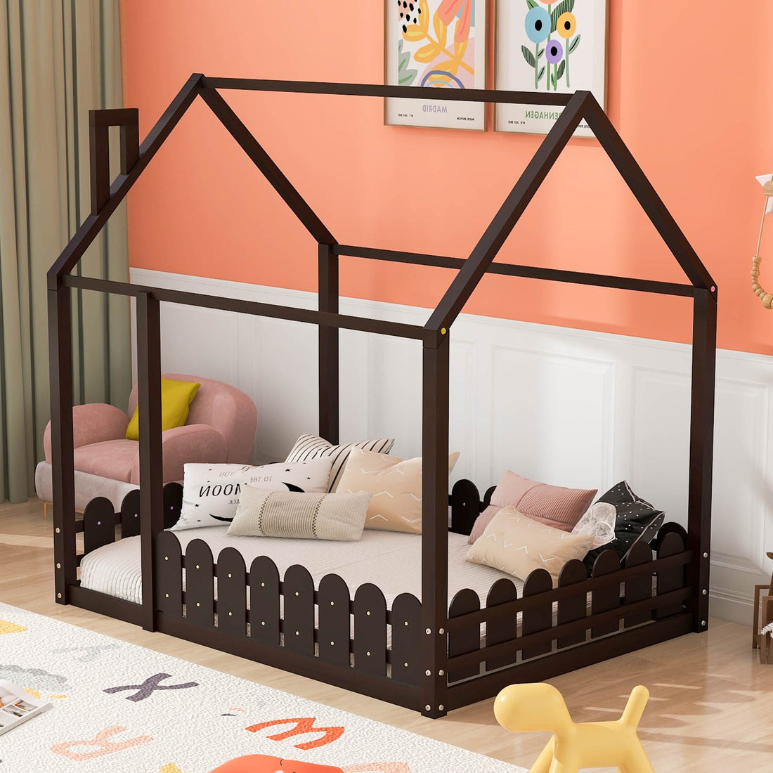 Slats Are Not Included Full Size Wood Bed House Bed Frame With Fence,For Kids,Teens,Girls,Boys Espresso Old Sku:Wf281294Aap Espresso Solid Wood