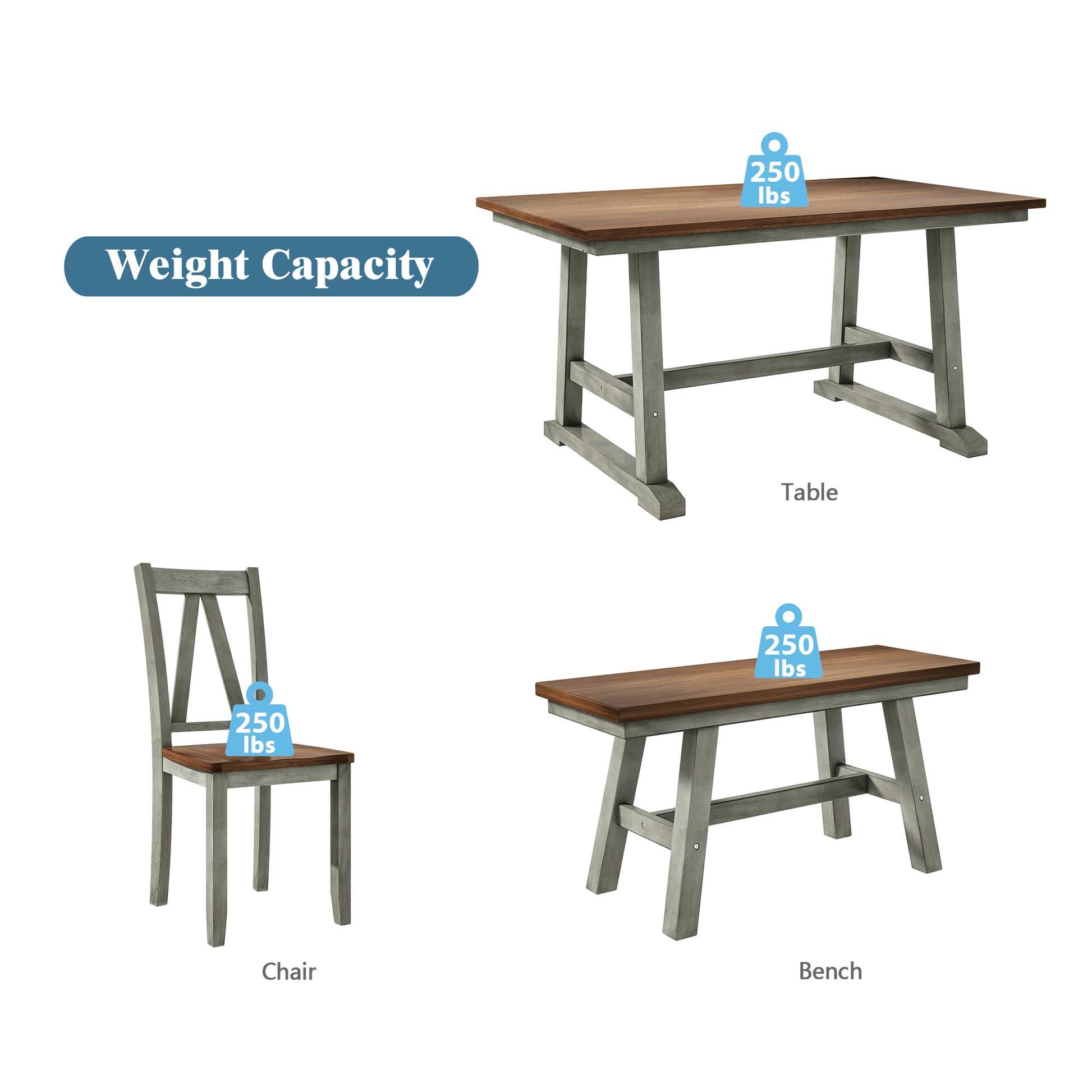 6 Piece Wood Dining Table Set Kitchen Table Set With Long Bench And 4 Dining Chairs, Farmhouse Style, Walnut Gray Gray Wood Dining Room Bench Seating Rubberwood Rectangular Dining Table With Chair And Bench Wood Wood Gray Solid Back Seats 6 60 Inches