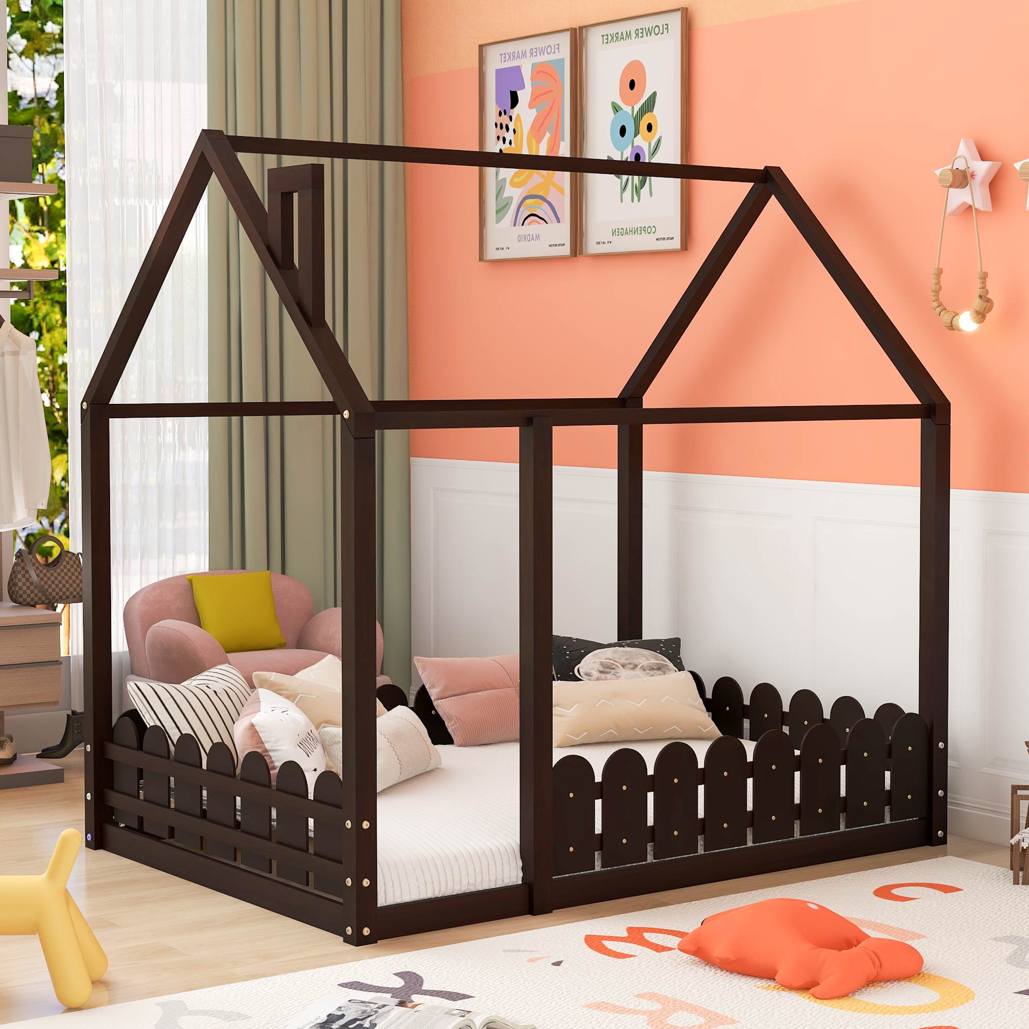 Slats Are Not Included Full Size Wood Bed House Bed Frame With Fence,For Kids,Teens,Girls,Boys Espresso Old Sku:Wf281294Aap Espresso Solid Wood