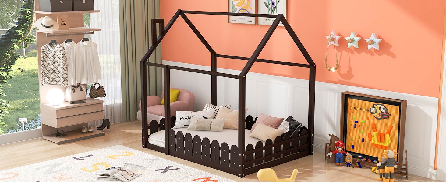 Slats Are Not Included Full Size Wood Bed House Bed Frame With Fence,For Kids,Teens,Girls,Boys Espresso Old Sku:Wf281294Aap Espresso Solid Wood