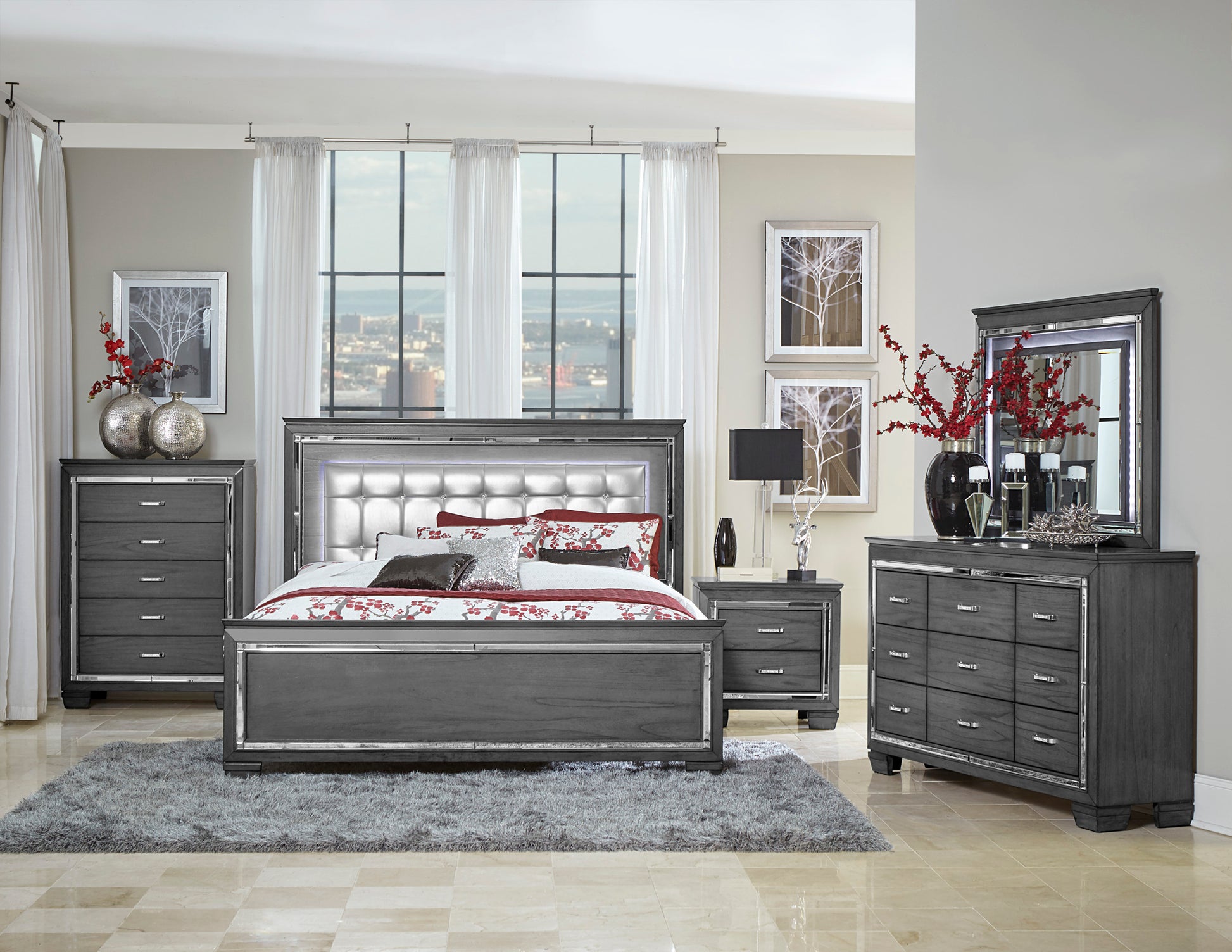 Modern Bedroom Gray Finish 1Pc Chest Of 5X Dovetail Drawers Beveled Mirror Trim Wooden Furniture Faux Crystal Handles Gray Bedroom Glam,Modern Wood