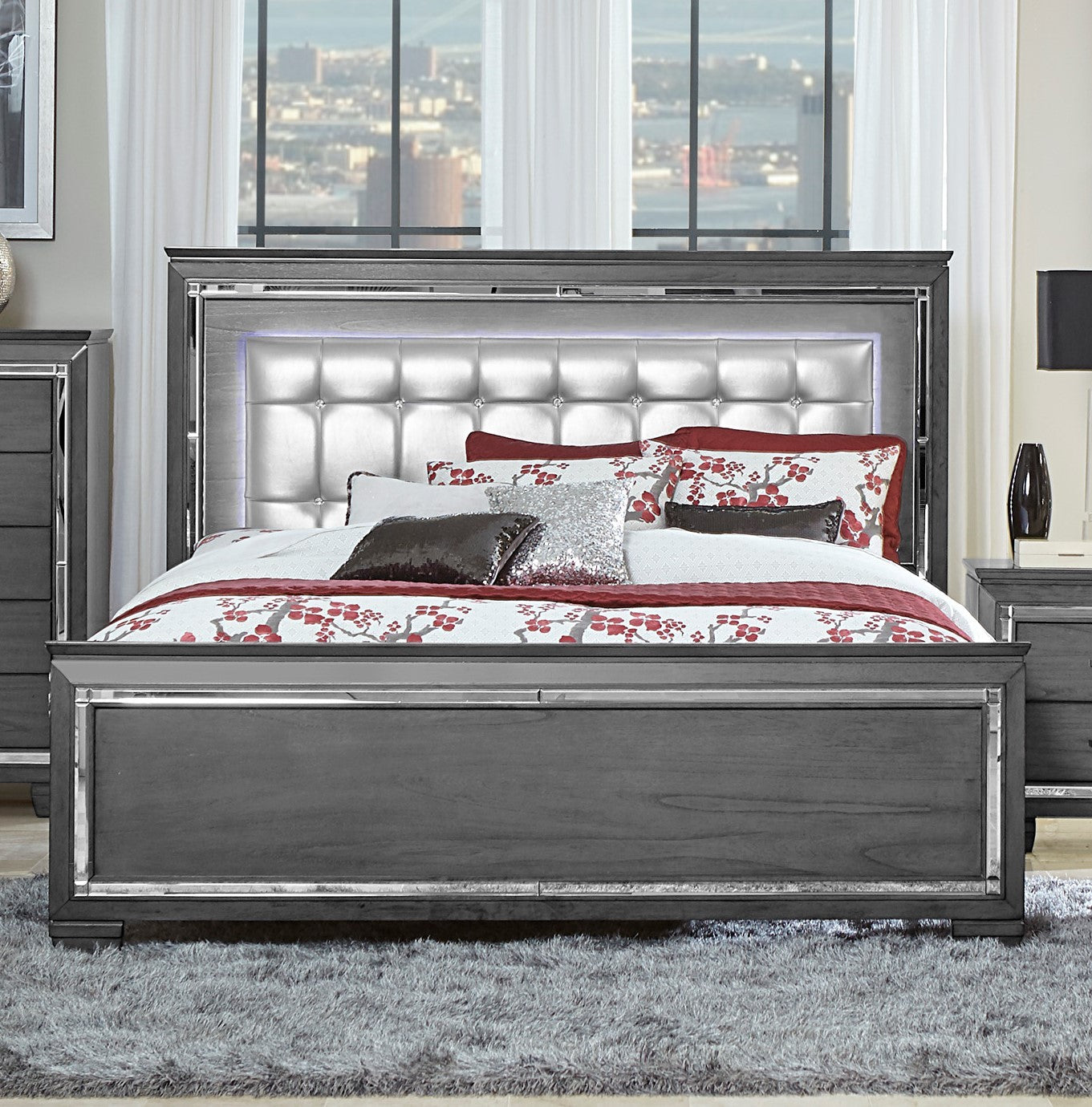 Glamourous Style 1Pc Queen Bed Button Tufted Upholstered Led Headboard Gray Finish Modern Beautiful Bedroom Furniture Queen Gray Bedroom Glam,Modern Wood