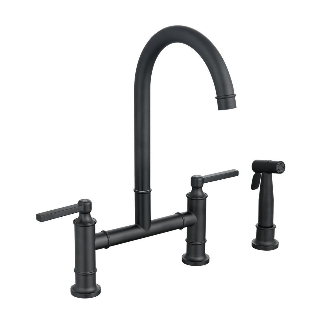 Double Handle Bridge Kitchen Faucet With Side Spray Matte Black Stainless Steel