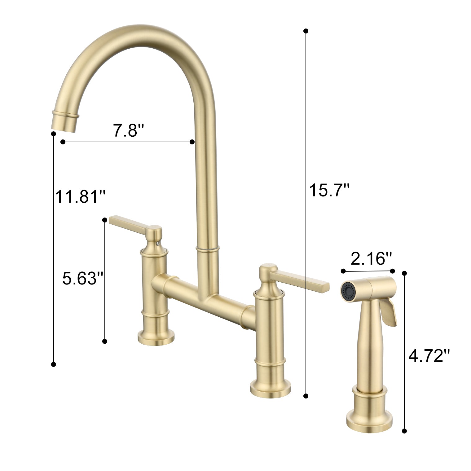 Double Handle Bridge Kitchen Faucet With Side Spray Brushed Gold Stainless Steel