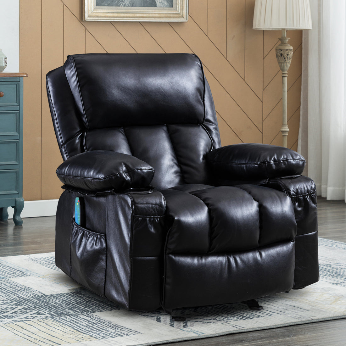 Recliner Chair For Living Room With Rocking Function And Side Pocket Black Soft Foam Polyester