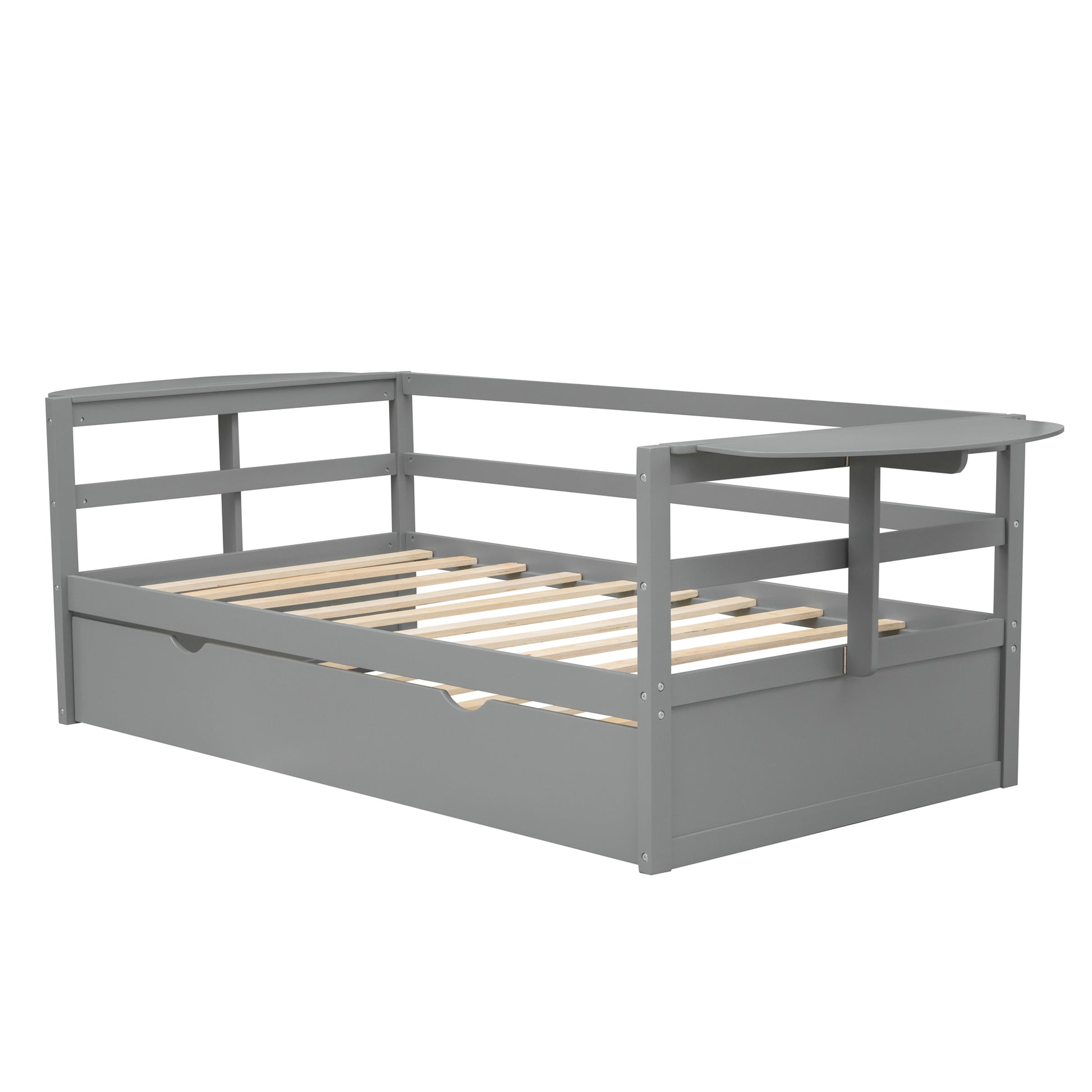 Twin Size Daybed With Trundle And Foldable Shelves On Both Sides,Gray Gray Pine