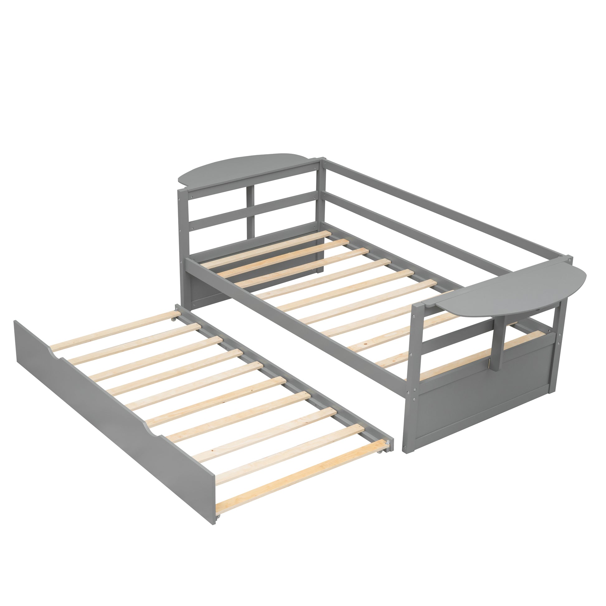 Twin Size Daybed With Trundle And Foldable Shelves On Both Sides,Gray Gray Pine