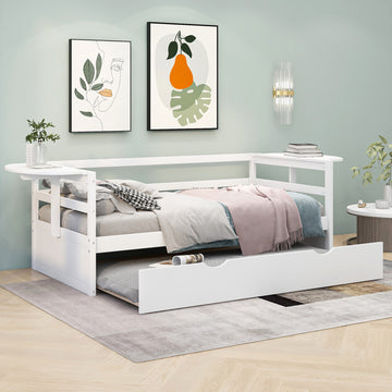 Twin Size Daybed With Trundle And Foldable Shelves On Both Sides,White White Pine