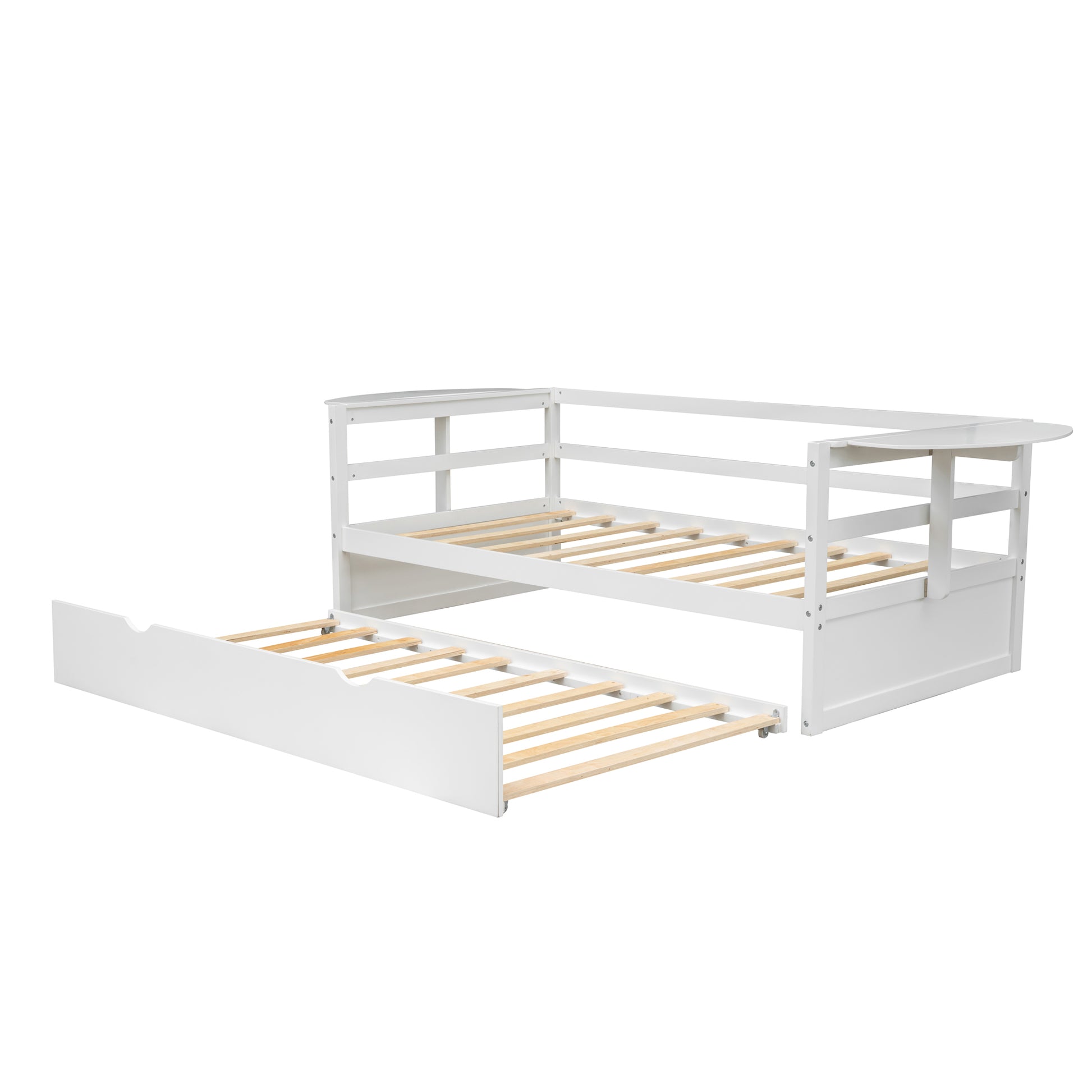 Twin Size Daybed With Trundle And Foldable Shelves On Both Sides,White White Pine