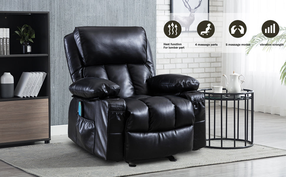 Recliner Chair For Living Room With Rocking Function And Side Pocket Black Soft Foam Polyester