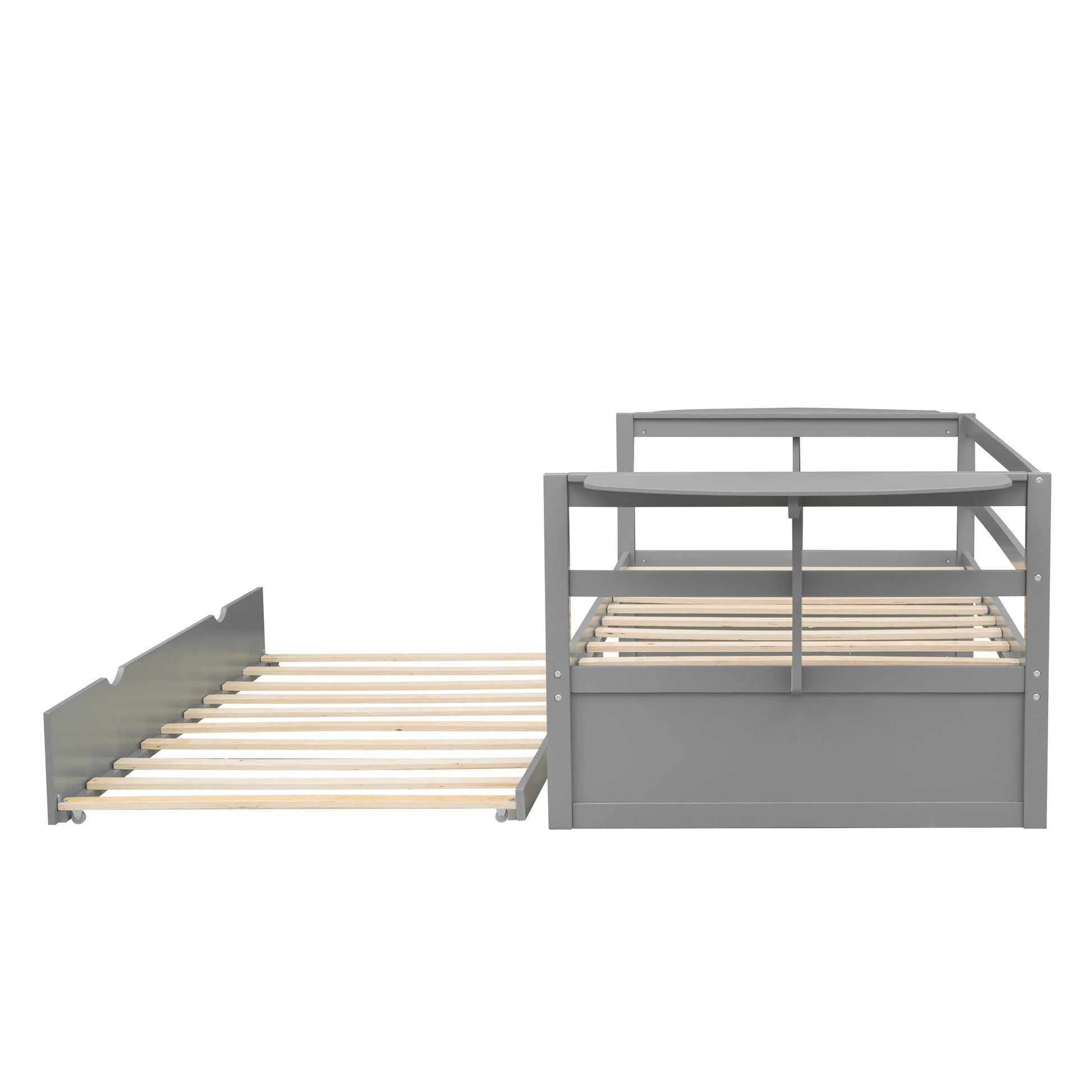 Twin Size Daybed With Trundle And Foldable Shelves On Both Sides,Gray Gray Pine