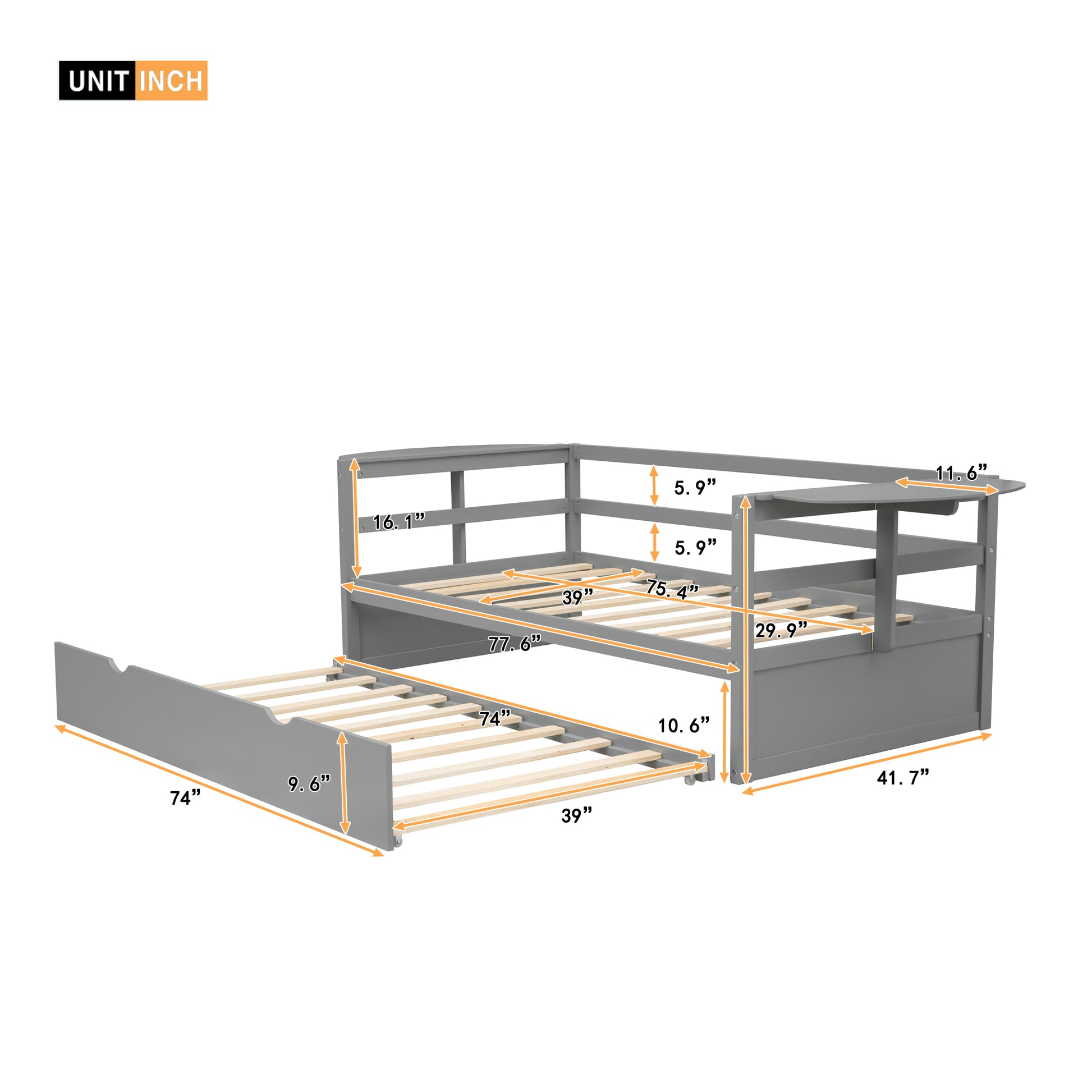 Twin Size Daybed With Trundle And Foldable Shelves On Both Sides,Gray Gray Pine