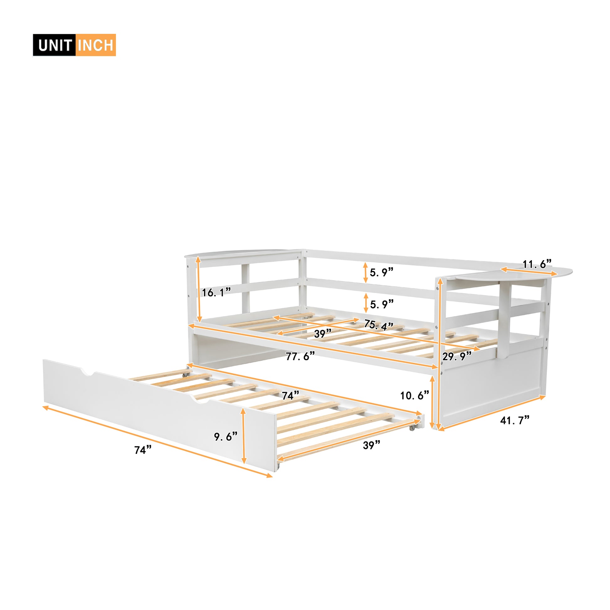 Twin Size Daybed With Trundle And Foldable Shelves On Both Sides,White White Pine