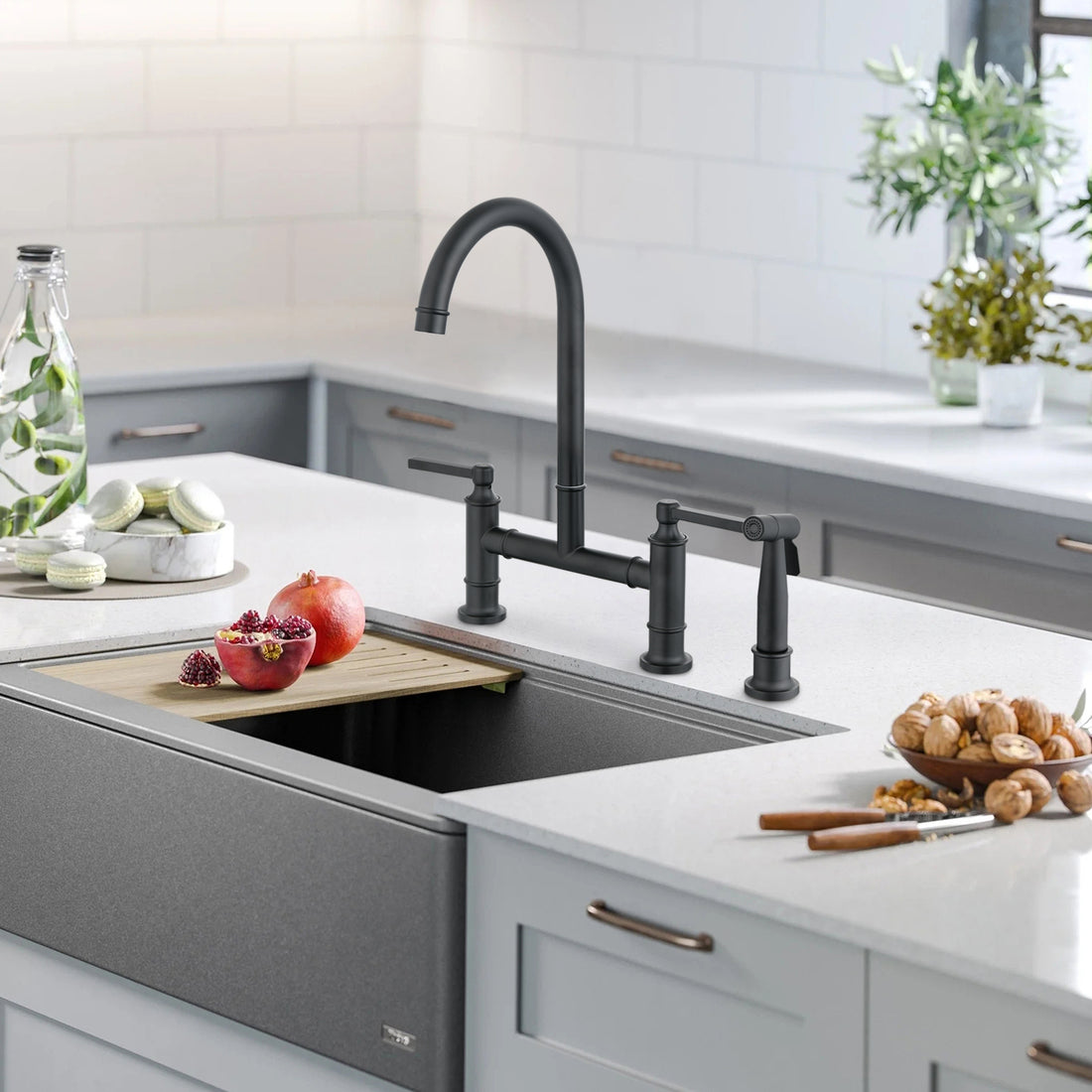 Double Handle Bridge Kitchen Faucet With Side Spray Matte Black Stainless Steel