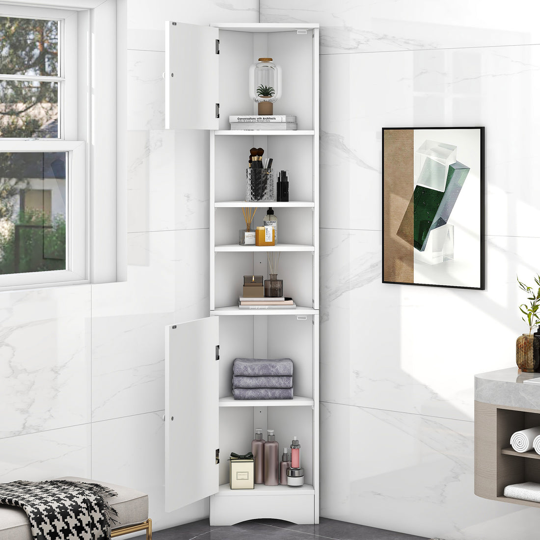 Multi Functional Corner Cabinet Tall Bathroom Storage Cabinet With Two Doors And Adjustable Shelves, Open Shelf, White Old Sku:Wf294602Aak White Mdf