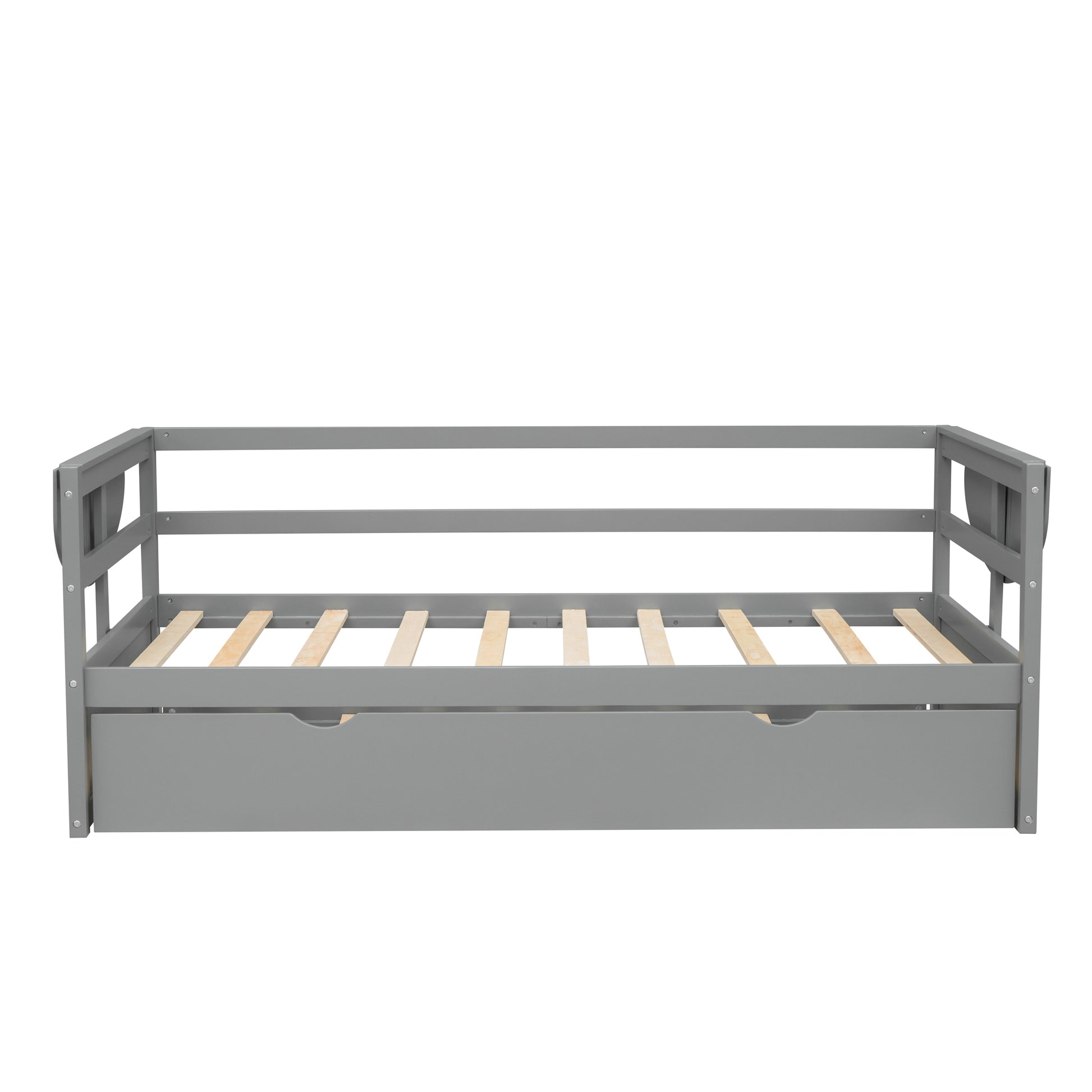 Twin Size Daybed With Trundle And Foldable Shelves On Both Sides,Gray Gray Pine