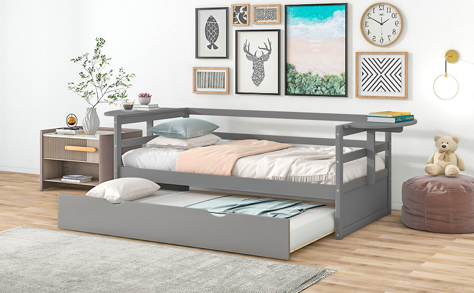 Twin Size Daybed With Trundle And Foldable Shelves On Both Sides,Gray Gray Pine