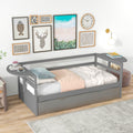 Twin Size Daybed With Trundle And Foldable Shelves On Both Sides,Gray Gray Pine