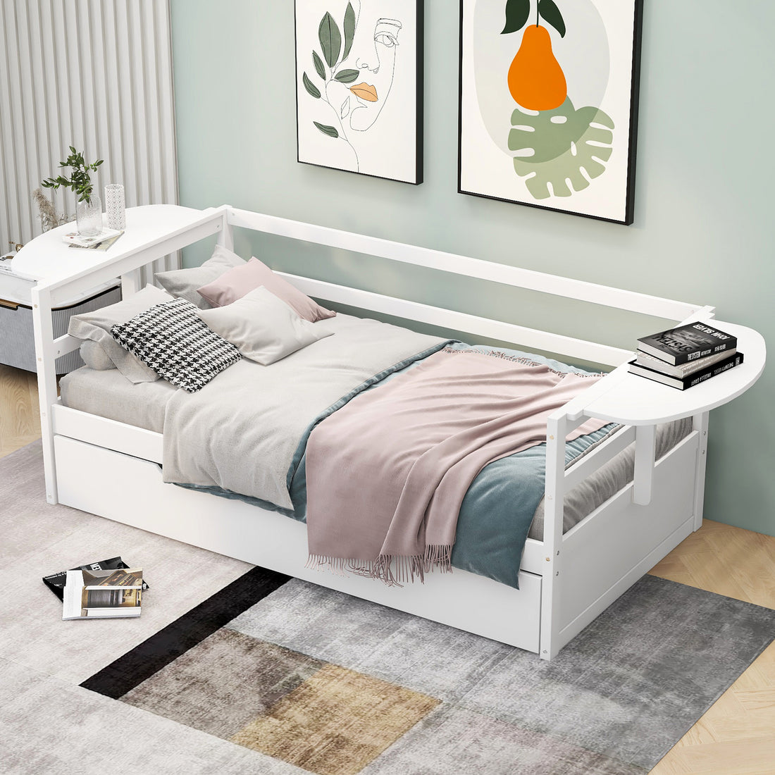 Twin Size Daybed With Trundle And Foldable Shelves On Both Sides,White White Pine