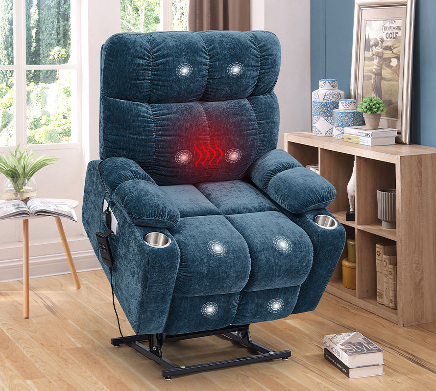 Liyasi Dual Okin Motor Power Lift Recliner Chair For Elderly Infinite Position Lay Flat 180 Recliner With Heat Massage Blue Foam Fabric