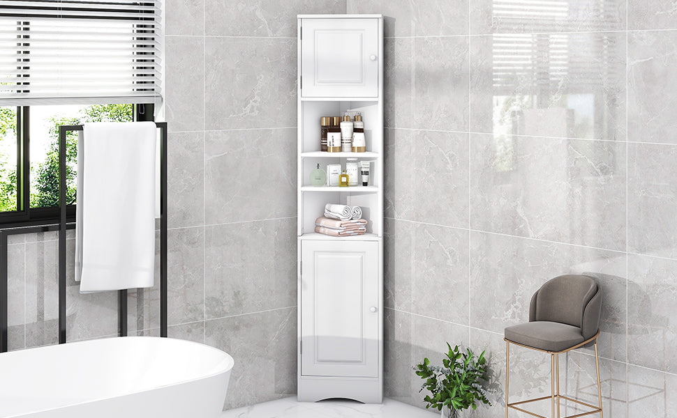 Multi Functional Corner Cabinet Tall Bathroom Storage Cabinet With Two Doors And Adjustable Shelves, Open Shelf, White Old Sku:Wf294602Aak White Mdf