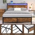 Industrial Full Bed Frame With Led Lights And 2 Usb Ports, Bed Frame Full Size With Storage, Noise Free, No Box Spring Needed, Rustic Brown Antique Brown Metal & Wood