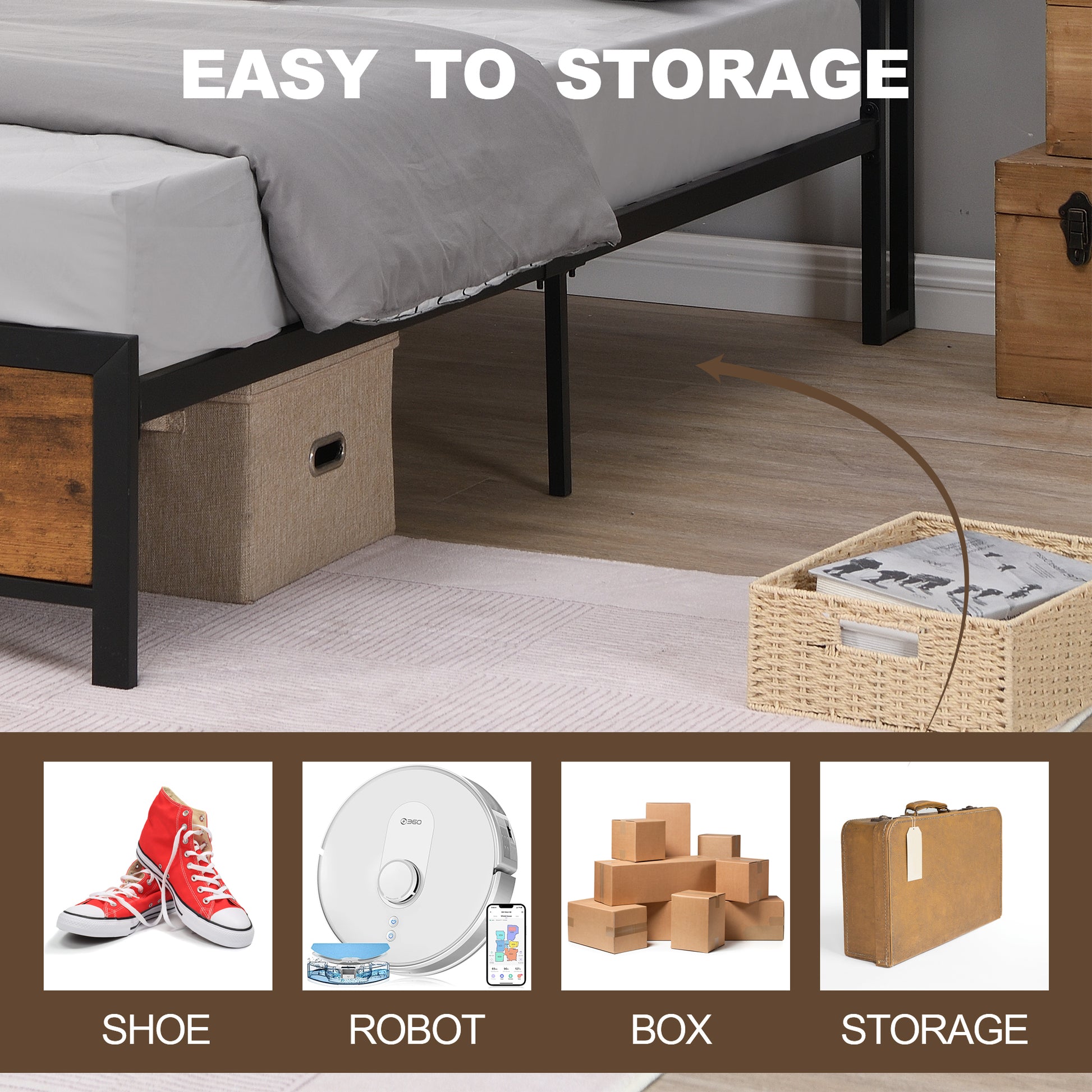 Industrial Queen Bed Frame With Led Lights And 2 Usb Ports, Bed Frame Queen Size With Storage, Noise Free, No Box Spring Needed, Rustic Brown Queen Antique Brown Metal & Wood
