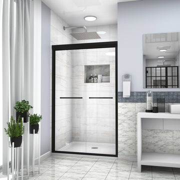 Shower Door 48" W X 76"H Double Sliding Shower Enclosure, Matte Black Matte Black Glass