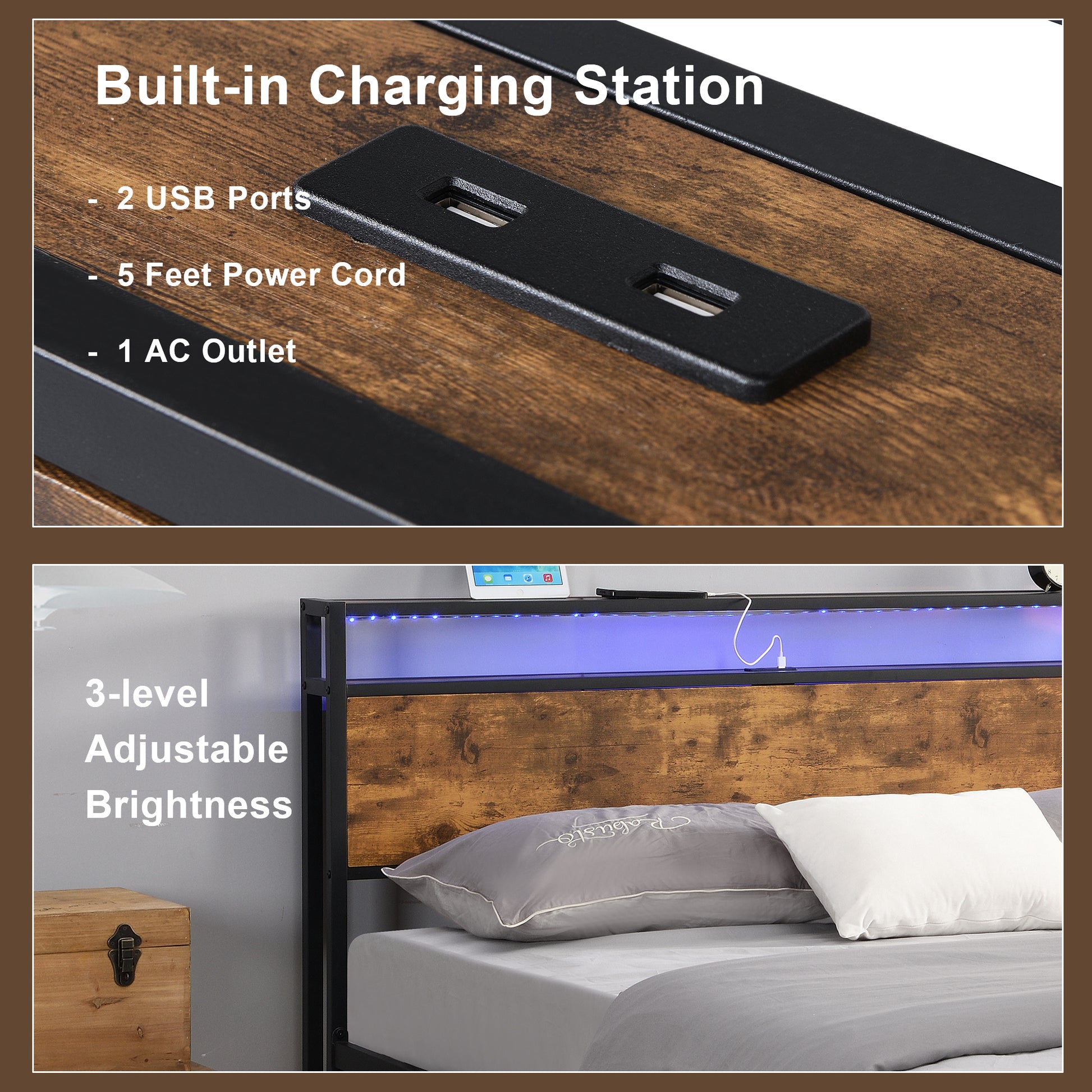 Industrial Queen Bed Frame With Led Lights And 2 Usb Ports, Bed Frame Queen Size With Storage, Noise Free, No Box Spring Needed, Rustic Brown Queen Antique Brown Metal & Wood