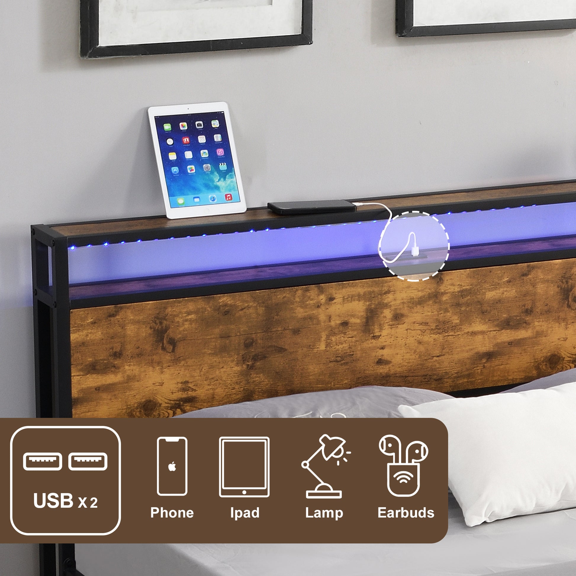 Industrial Full Bed Frame With Led Lights And 2 Usb Ports, Bed Frame Full Size With Storage, Noise Free, No Box Spring Needed, Rustic Brown Antique Brown Metal & Wood