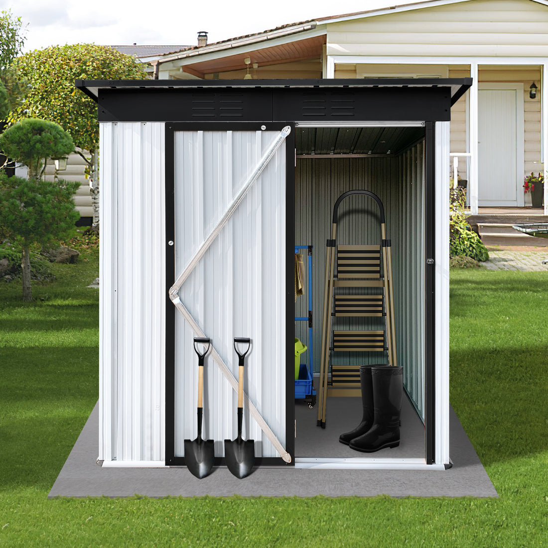 Metal Garden Sheds 5Ftx4Ft Outdoor White Black White Metal