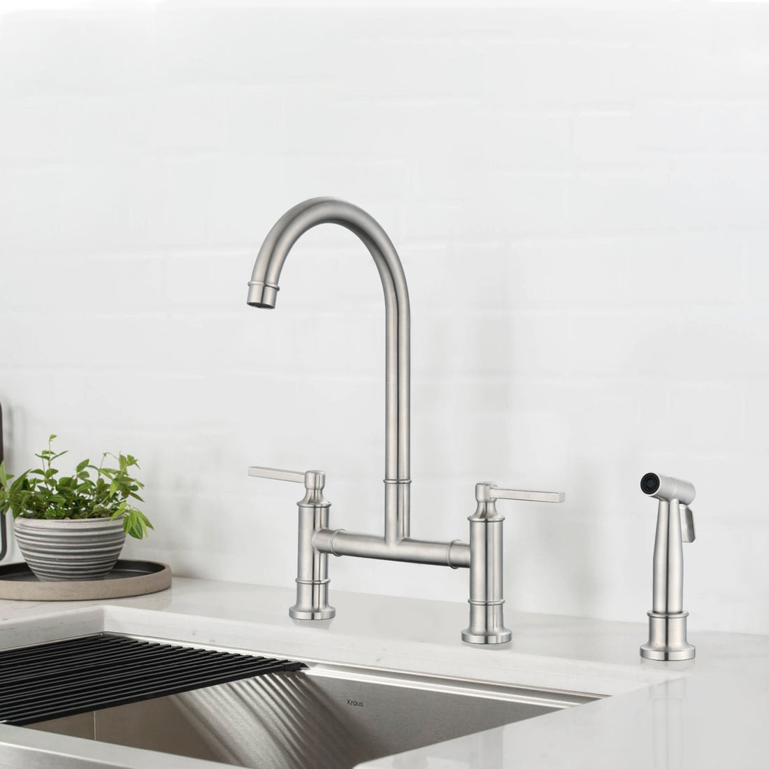 Double Handle Bridge Kitchen Faucet With Side Spray Brushed Nickel Stainless Steel