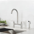 Double Handle Bridge Kitchen Faucet With Side Spray Brushed Nickel Stainless Steel