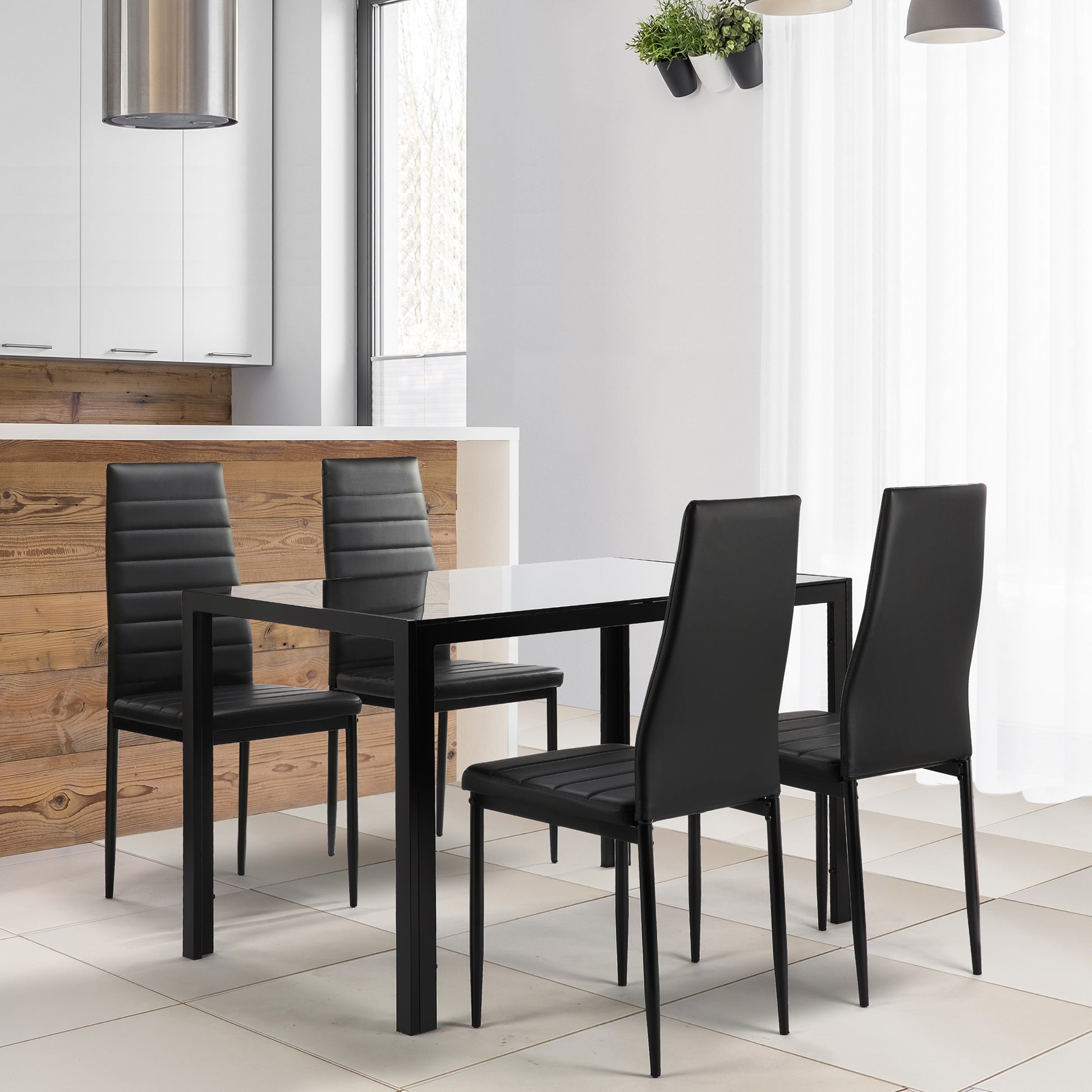 5 Pieces Dining Table Set For 4,Kitchen Room Tempered Glass Dining Table ,4 Faux Leather Chairs ,Black Black Glass