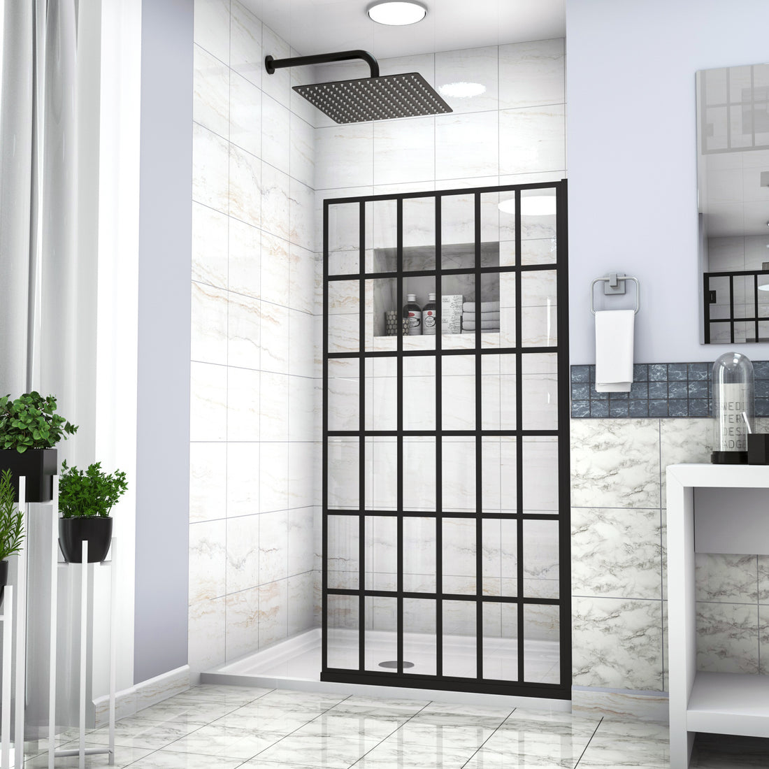 Shower Door 38" W X 72" H Single Panel Frameless Fixed Shower Door, Open Entry Design In Matte Black Matte Black Glass