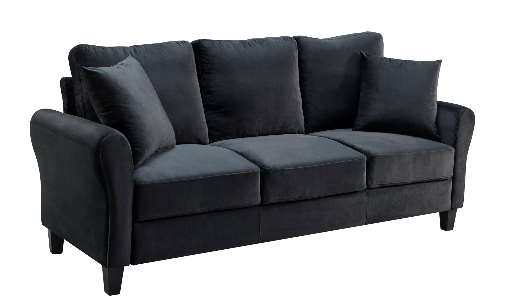 Video Modern Velvet Couch With 2 Pillow, 78 Inch Width Living Room Furniture, 3 Seater Sofa With Plastic Legs Black Velvet