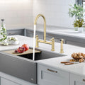 Double Handle Bridge Kitchen Faucet With Side Spray Brushed Gold Stainless Steel