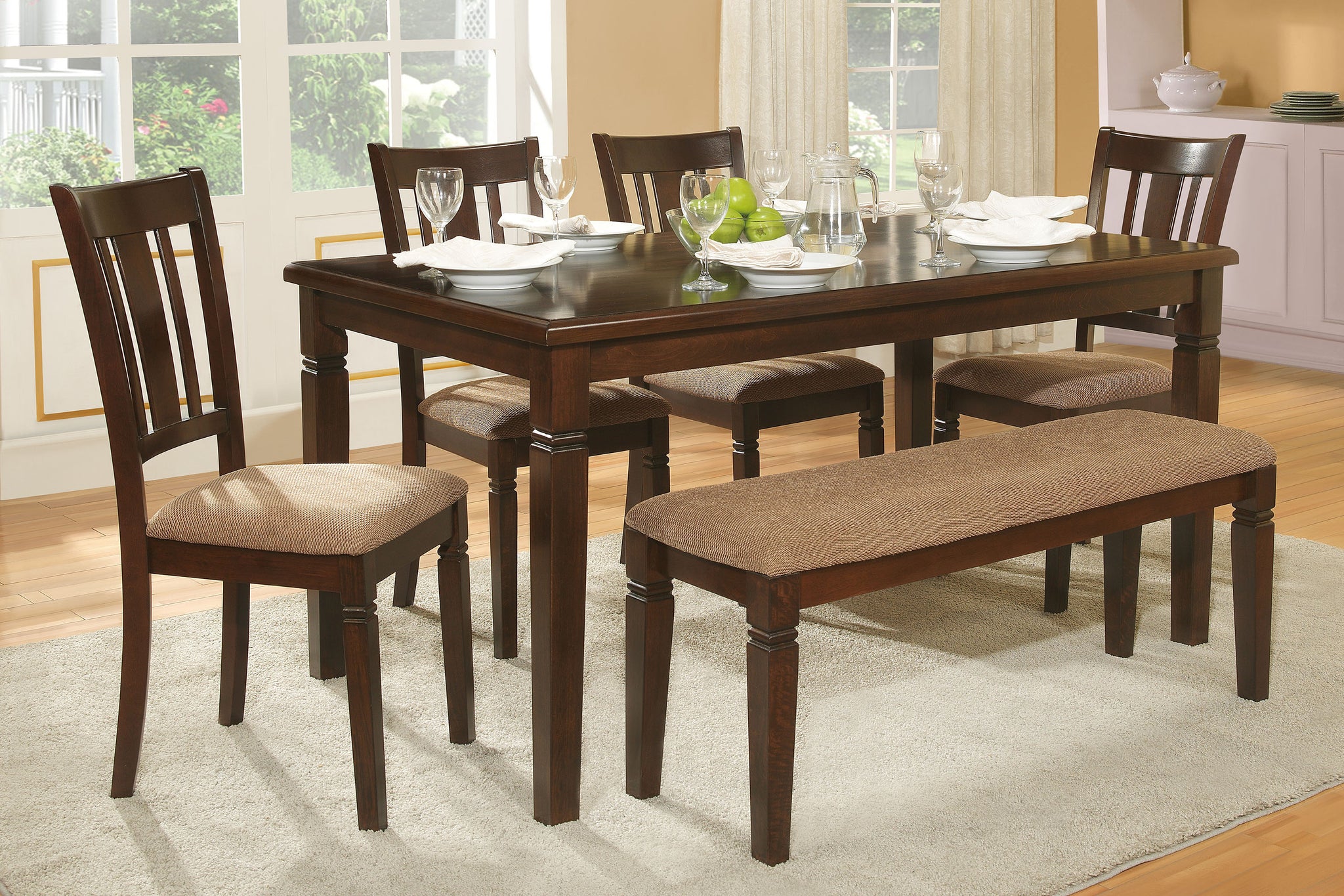 6Pc Transitional Style Dining Furniture Set Table With Bench And 4X Side Chairs Fabric Upholstered Seat Espresso Finish Wood Espresso Seats 6 Dining Room Transitional Rectangular Dining Table With Chair And Bench Wood