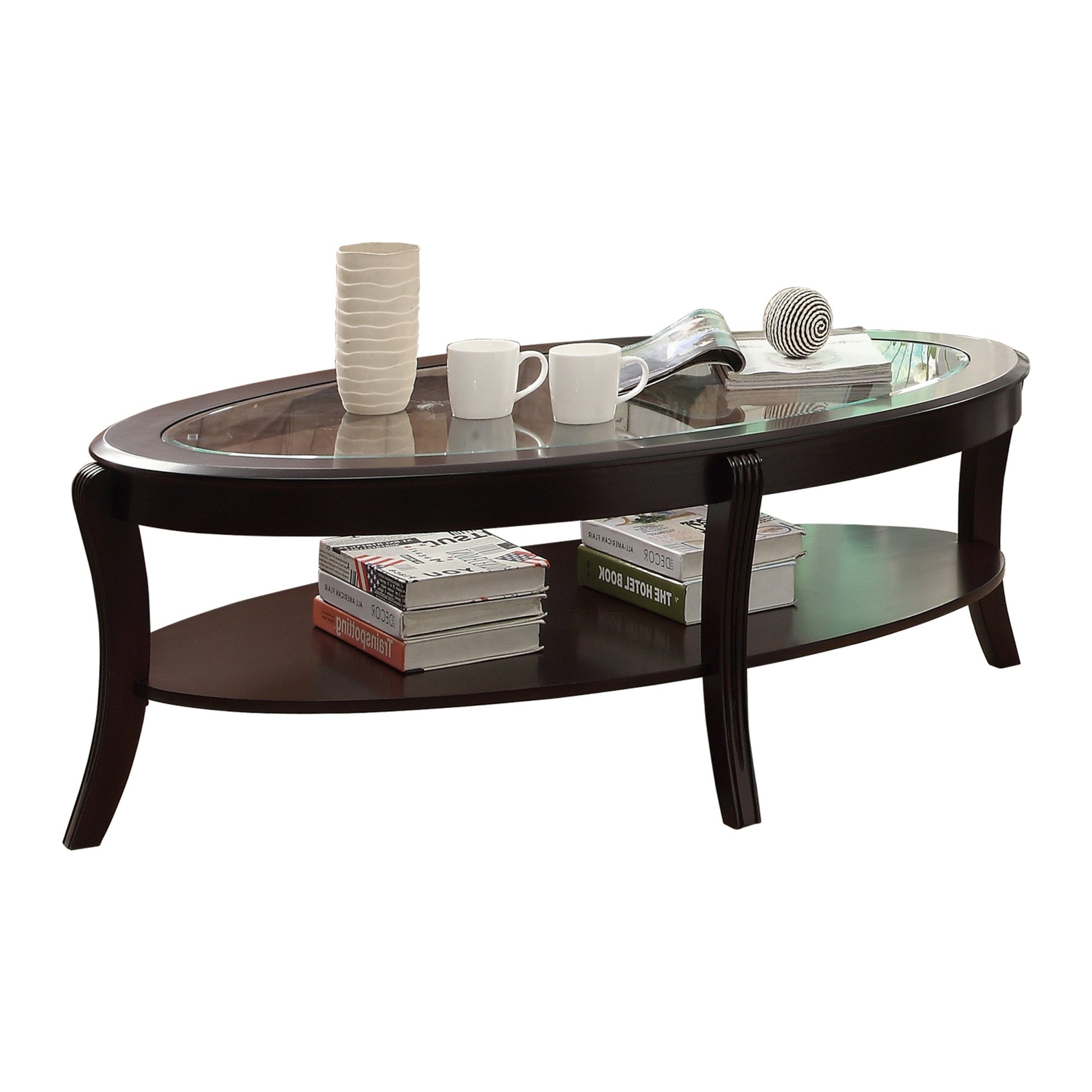 Rich Espresso Finish 1Pc Cocktail Table With Glass Inserted Top Curve Legs Lower Display Shelf Stylish Living Room Furniture Coffee Table Espresso Primary Living Space Wood