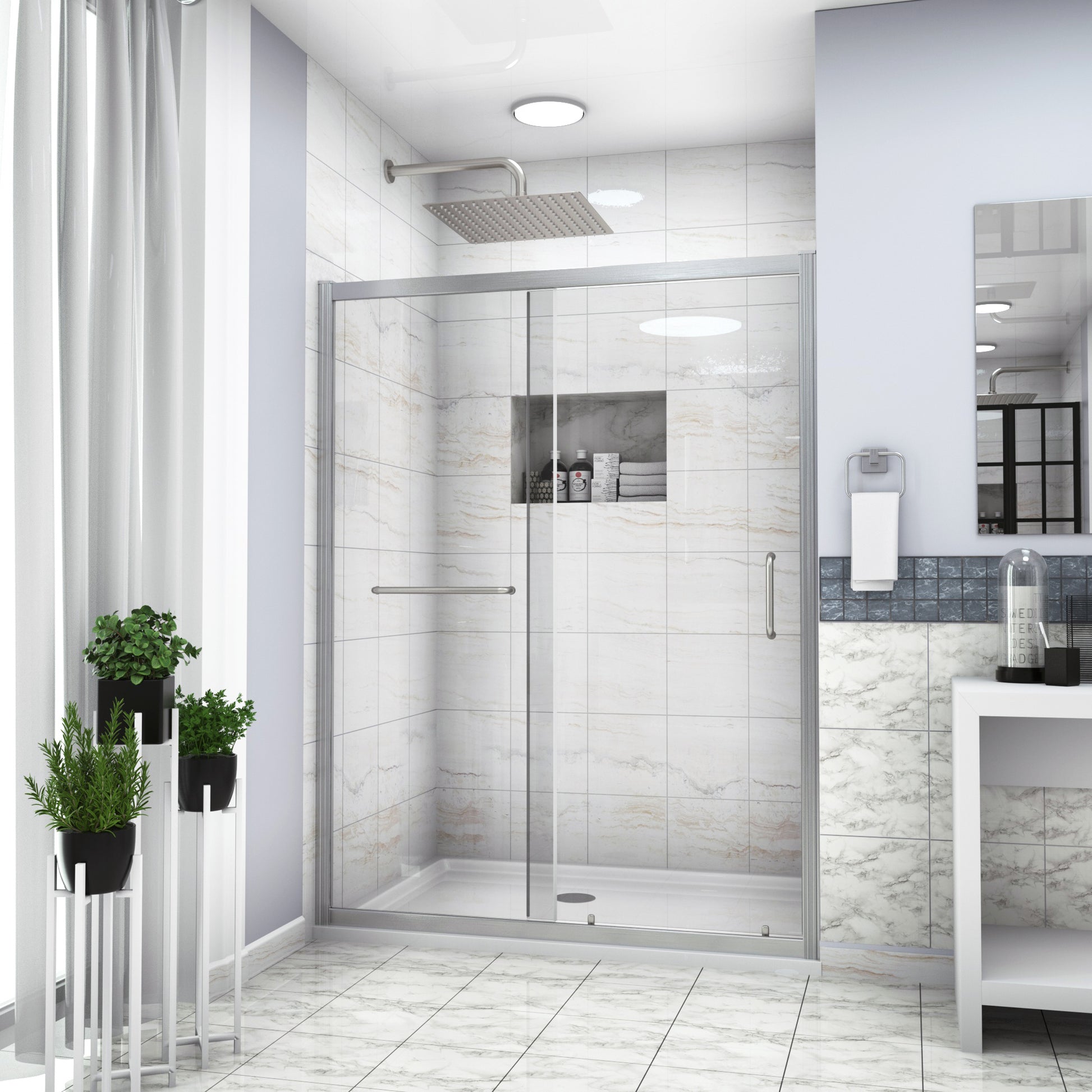 Shower Door 48" W X 72"H Single Sliding Bypass Shower Enclosure,Brushed Nickel Brushed Nickel Glass