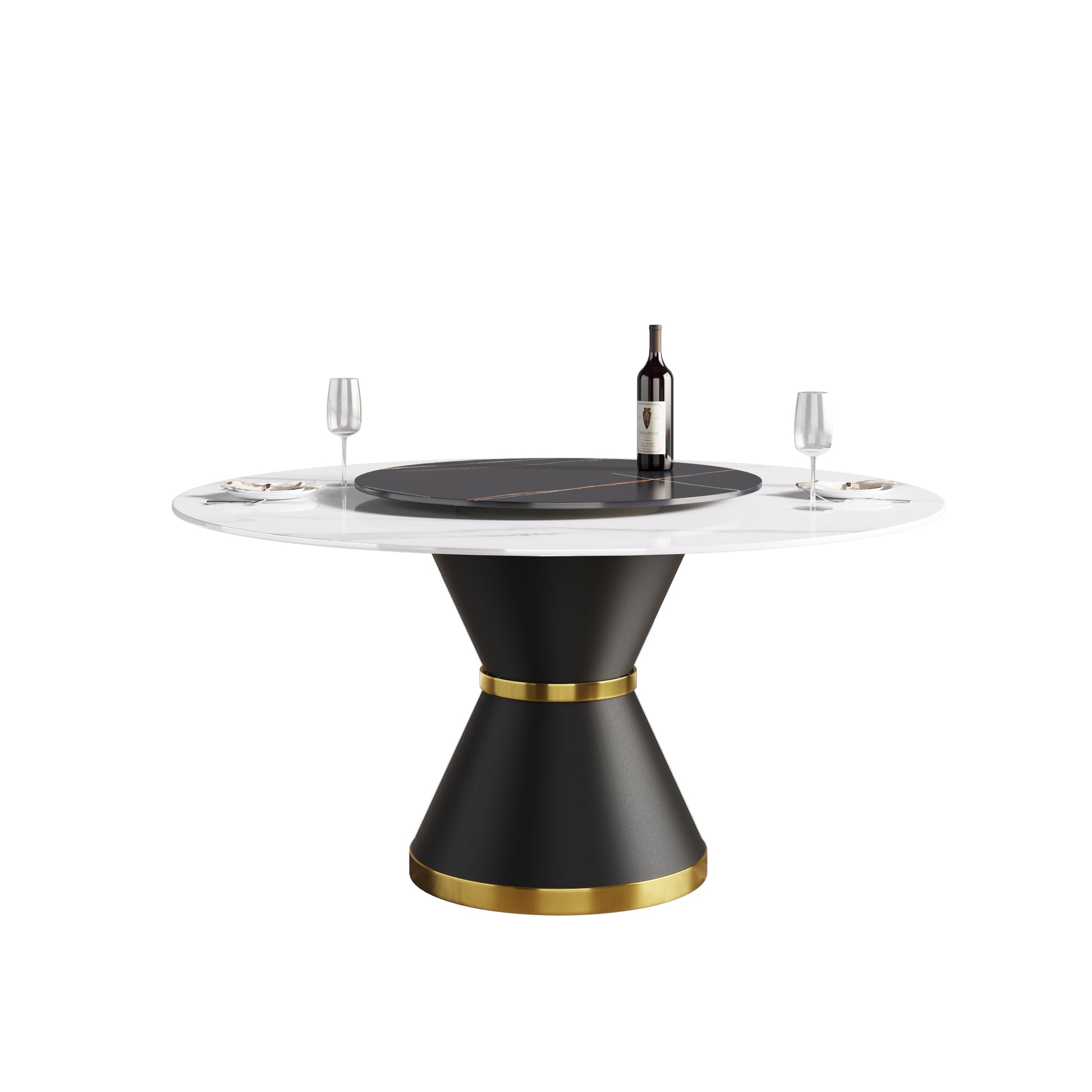 59.05"Modern Artificial Stone Round Black Carbon Steel Base Dining Table Can Accommodate 6 People 31.5"Black Artificial Stone Turntable White Black Metal Marble