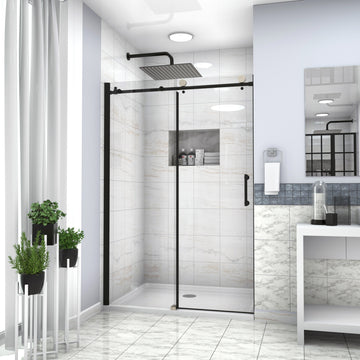 Shower Door 48" W X 76"H Single Sliding Bypass Shower Enclosure,Matte Black Matte Black Glass